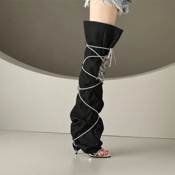 2023 Poletje Nove Ženske Visoko Stiletto Pete Krog Toe Križ Zavezujoče Sandali modni brvi kaže, Cut-out Kavbojski Škornji