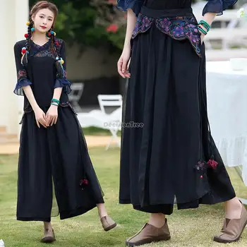 2023 kitajski nacionalni slog novo vezen saten, šivanje čipke-up širok noge svoboden priložnostne dolgo ženske kitajski retro hlače s179