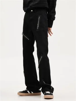 2023 Moda original črno svoboden mikro-trobenta črne kavbojke multi-zip design za moške in ženske hlače