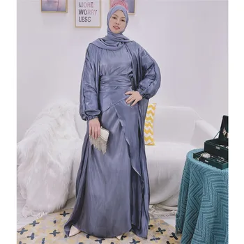 3 Kos Ujemanje Muslimanskih Določa Saten Odprite Abaya Kimono Eid Abayas za Ženske Dubaj Turčija Hidžab Obleko Islam Obleko Zaviti Spredaj Krilo