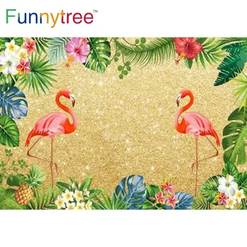 Funnytree Tropsko Poletje Flamingo Ozadje Zlati Listi Rože Bleščice Baby Tuš Aloha Dekor Transparent Photozone Ozadju
