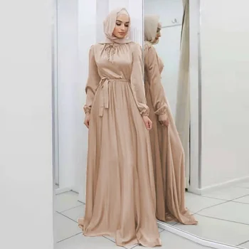 Islam Ramadana Abaya Evropi in Ameriki, Mehko Pasu Elegantno Saten Haljo Femme Velike Swing Žensk Obleko Brez Headscaf