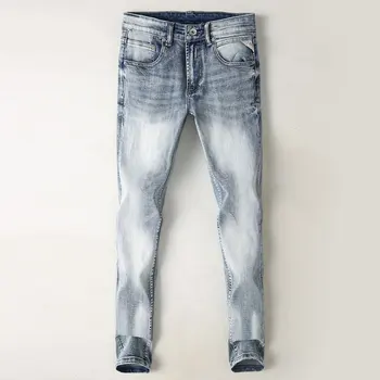 Italijanski Modni Stil Moške Jeans Retro Svetlo Siva Modra Elastična Stretch Ripped Kavbojke Moški Slim Fit Letnik Oblikovalec Traper Hlače