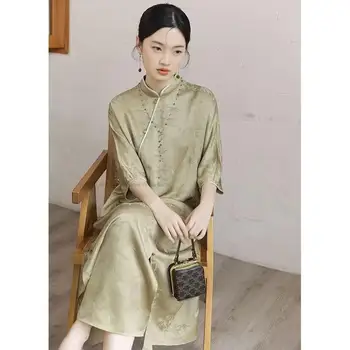 Kitajski Retro Saten Qipao Ženske Cvet Tiskanja Elegantno Letnik Cheongsam Obleko Etnične Tradicionalne Nacionalne Kitajska Obleka