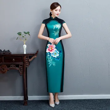 Kitajski Slog Žensk Tiskanja Slim Cheongsam Retro 2021 Spomladi Dolgo Saten Qipao Krilo Formalno Banket Naravnost Kitajska Obleka Obleke 4XL