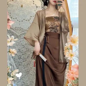 Kitajski Tradicionalni Hanfu Obleko Obleko Ženskih Poletnih Retro Svoboden Jopico + Tube Zgornji del Telovnik + Visoko Pasu Krilo Tri-delni Set