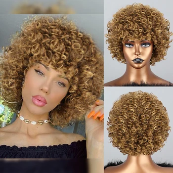 Kratek Kodraste Afro Blond Lasuljo Z Šiška Ramo Dolžine Lasulje Afro Kinky Lasulje Sintetičnih Kodraste Polno Črno Lasuljo Za Ženske Naravnih Lasuljo