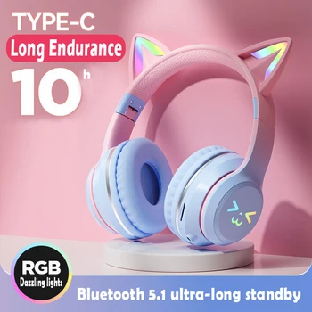 Mačka Ušesa Slušalke RGB Svetlobe Nasmeh Obraz TWS Slušalke Gradient Nove Slušalke Roza Deklica Slušalke Darilo, ki je Primerna za Vsak Telefon,