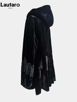 Nerazzurri Pozimi Elegantno Luxury Black Skirted Mozaik Umetno Mink Krzno Plašč Ženske s Kapuco Mehkih Debel Toplo Puhasto Jakno 2023