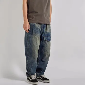 Priložnostne Retro Jeans za Moške Oblačila Modra Stiski Traper Oprati Tovora Hlače Več Žepi Prevelik Moda Nositi Hlače